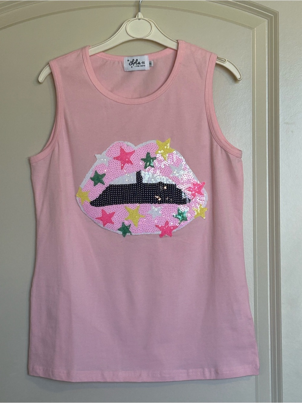 Sz14 Lola + The Boys Pink Sequin Star Lips Tank Top